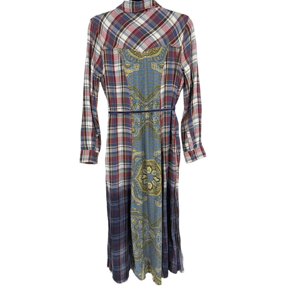Aratta Silent Journey Blue Red Plaid Floral Silky Back Shirt Dress Womens S Boho